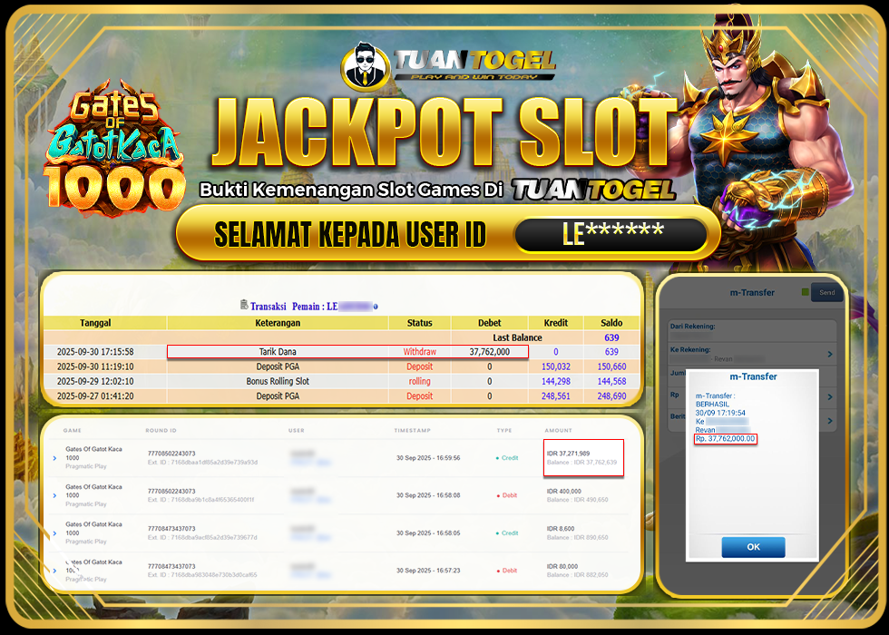 TUANTOGEL JACKPOT SLOT GATES OF GATOT KACA 1000 Rp37.762.000, - LUNAS 